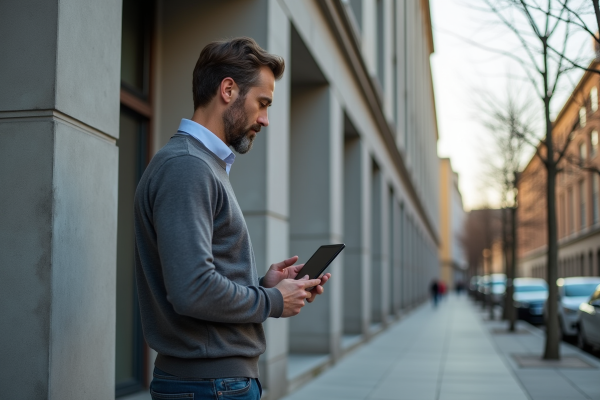 Homme regardant une application immobiliere en ville