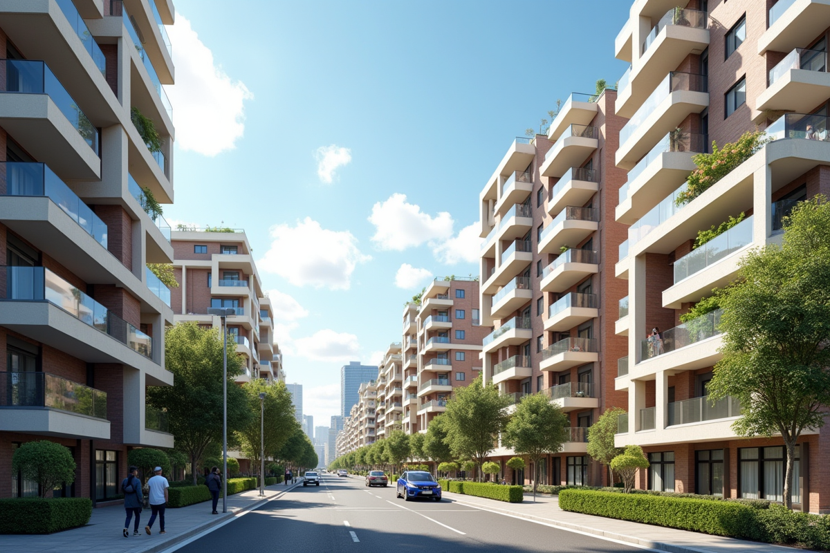 Rue urbaine avec bâtiments résidentiels et prix au m2