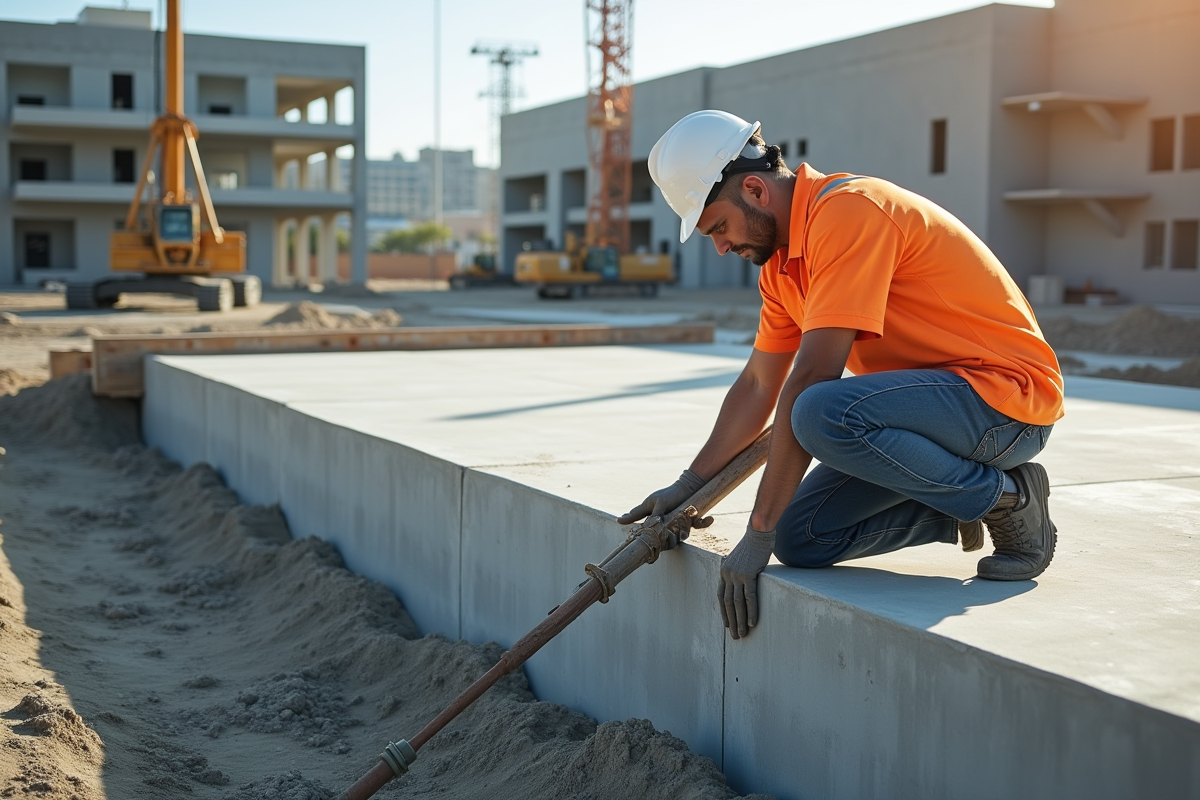 Ouvrier en sécurité inspectant une fondation en béton sur le chantier