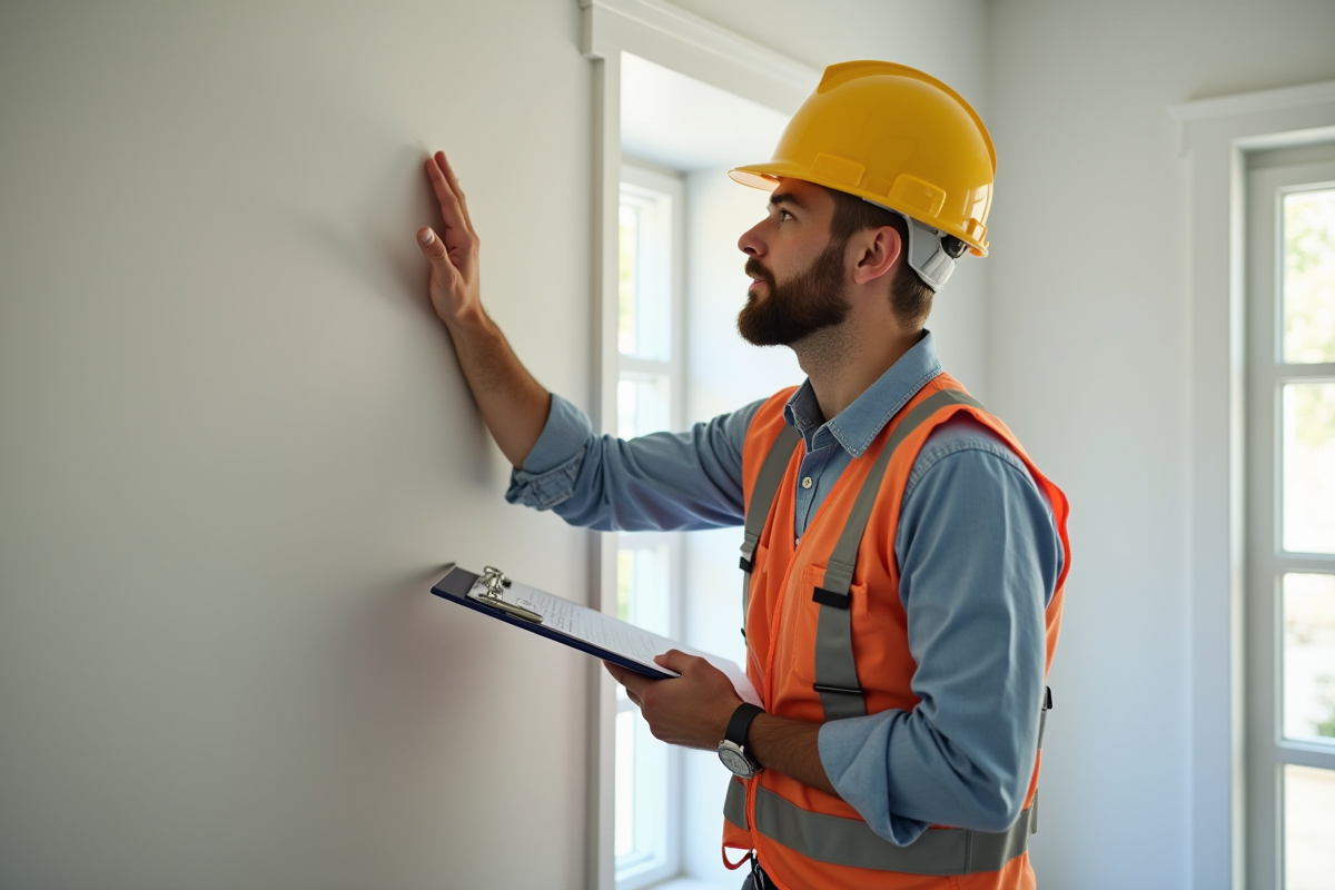 Professionnel en uniforme inspectant un mur dans un salon lumineux pour la garantie