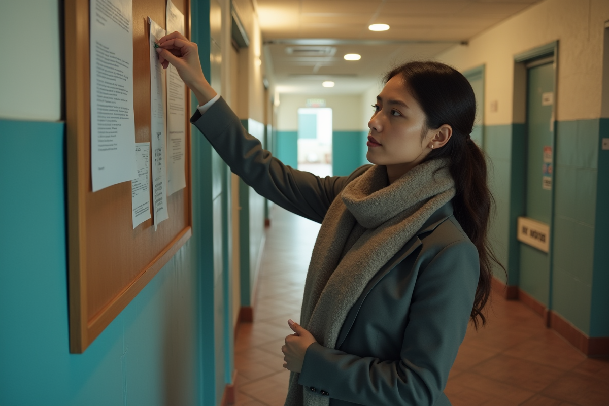 Jeune femme affichant une lettre dans le hall d