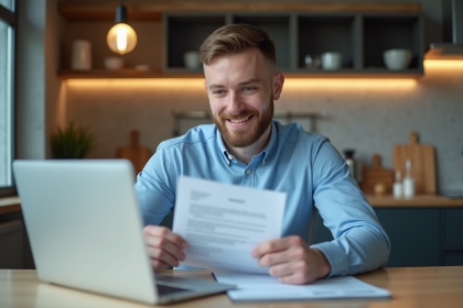 Jeune homme d affaires examine un contrat de location dans une cuisine moderne