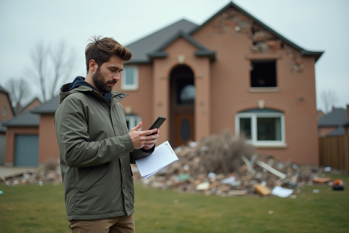 Jeune homme prend en photo une maison endommagée