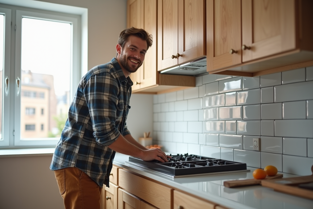 Jeune homme souriant installe des meubles de cuisine rénovée