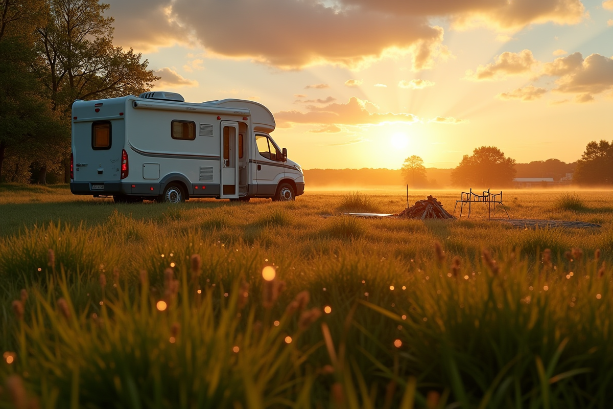 Lever de soleil sur un camping rural en France avec van et feu de camp