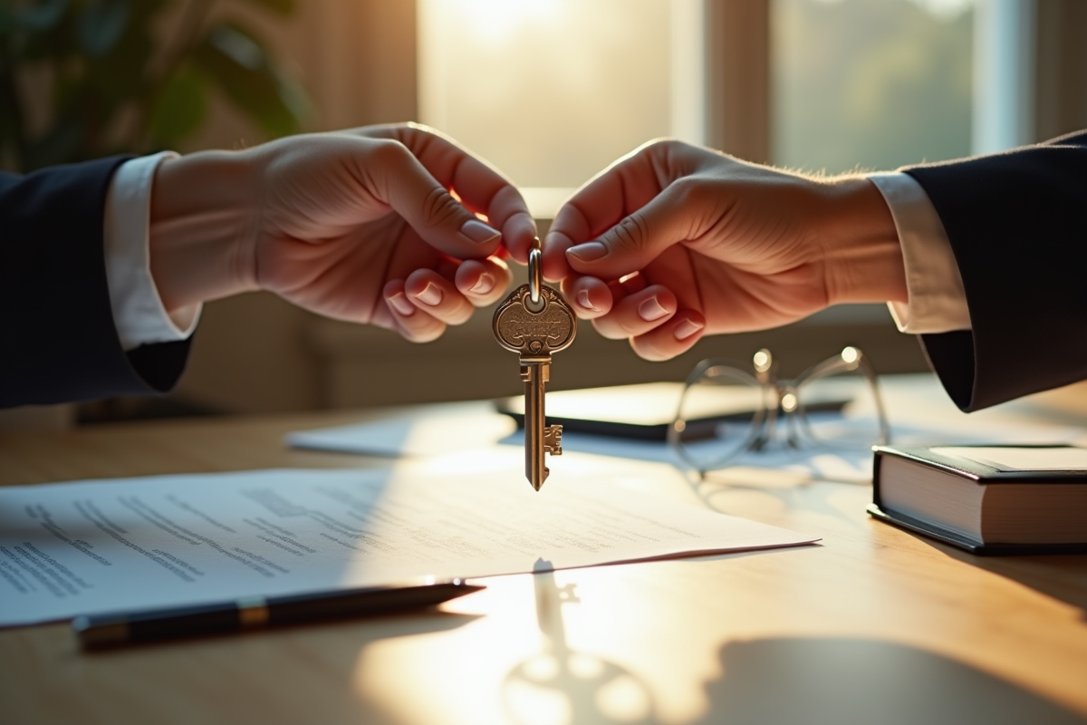 Deux mains tenant une clé de maison vintage sur des contrats