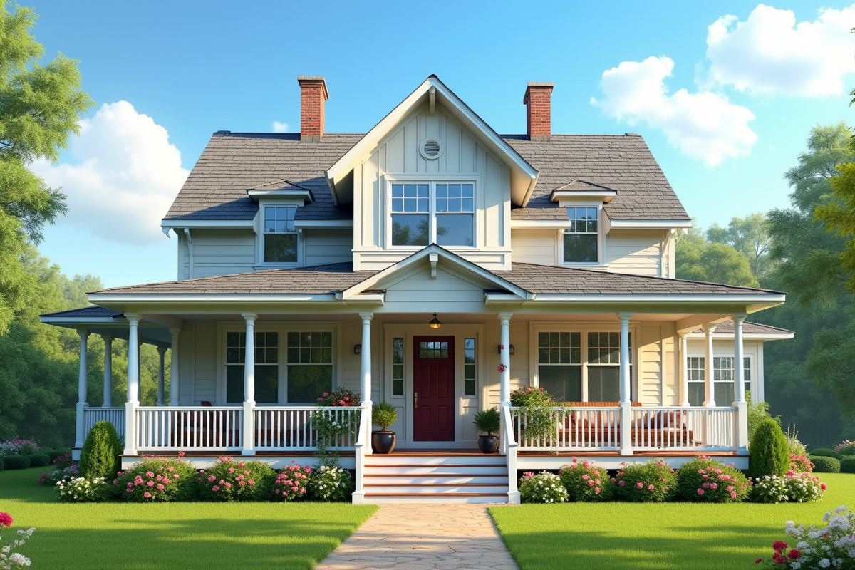 Maison de campagne avec porche et jardin fleuri