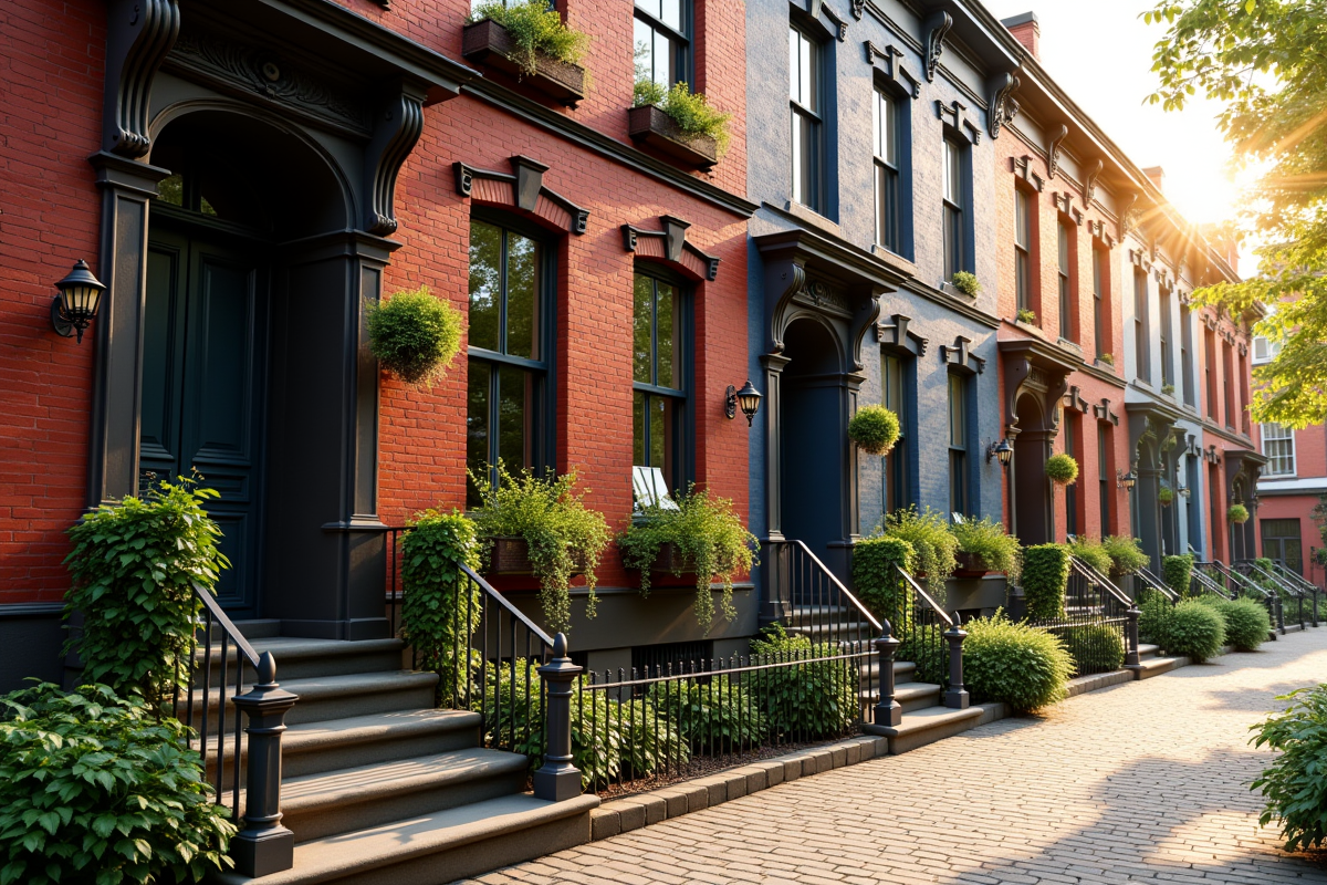 Immeuble ancien rénové avec façade en briques et plantes vertes