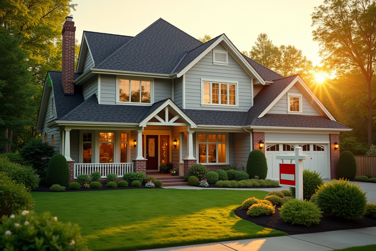 Maison de banlieue avec jardin et panneau vendu en soleil couchant