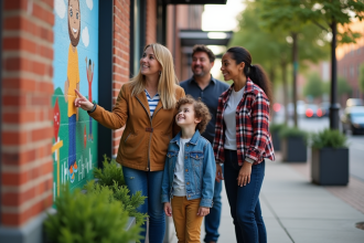 Groupe divers d'adultes et enfants admirant un mural de quartier