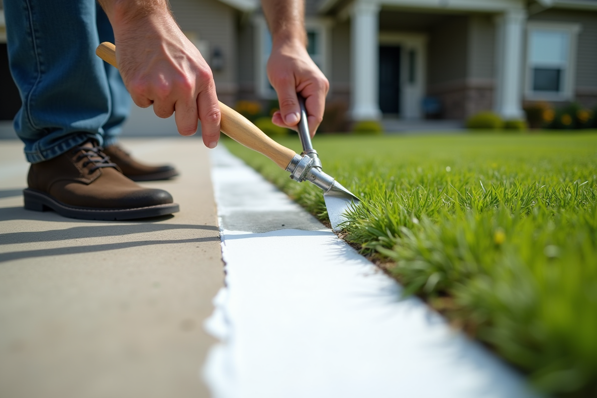 Mains peignant une ligne blanche sur le trottoir en plein jour