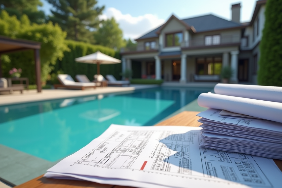 Piscine extérieure luxueuse avec documents et plans à côté