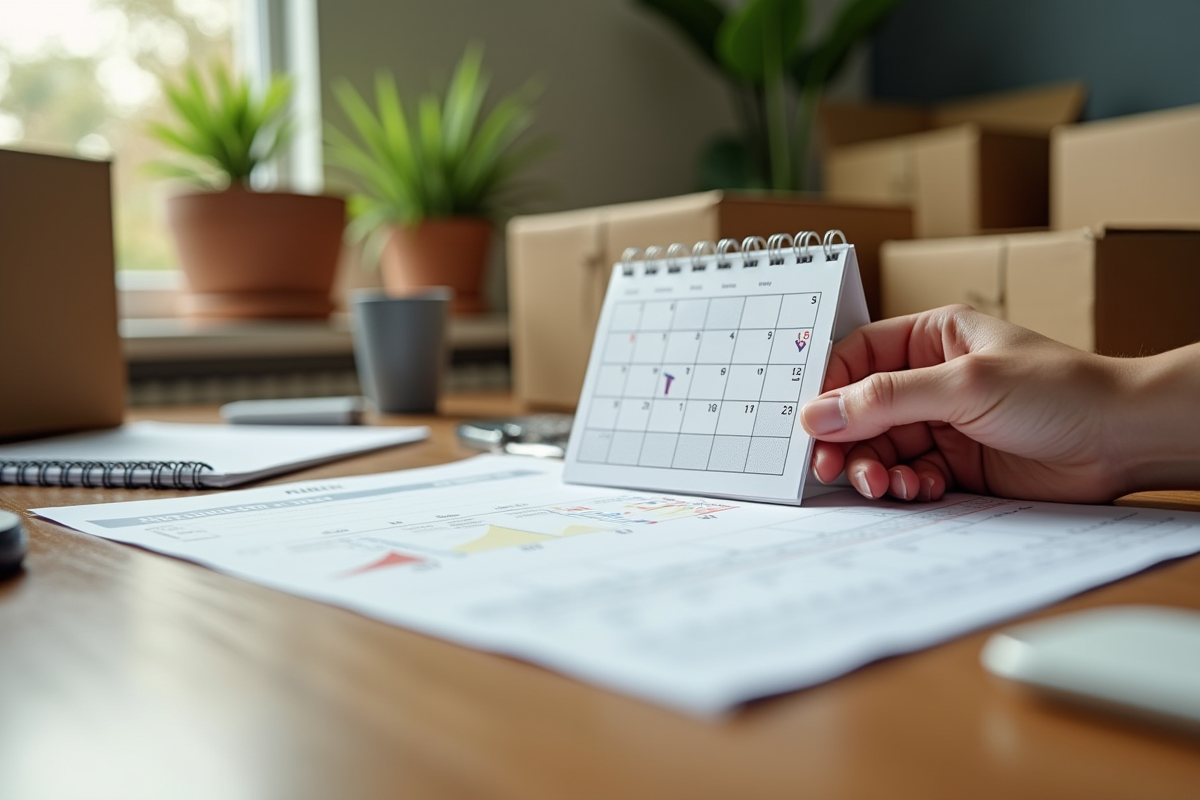 Calendrier sur un bureau en bois avec cartons et plantes d interieur