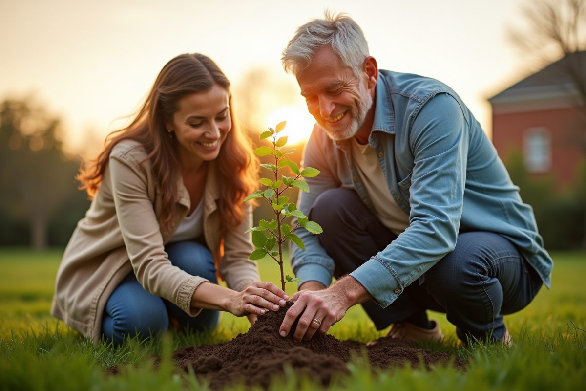 Couple mature plantant un arbre dans leur jardin ensoleille