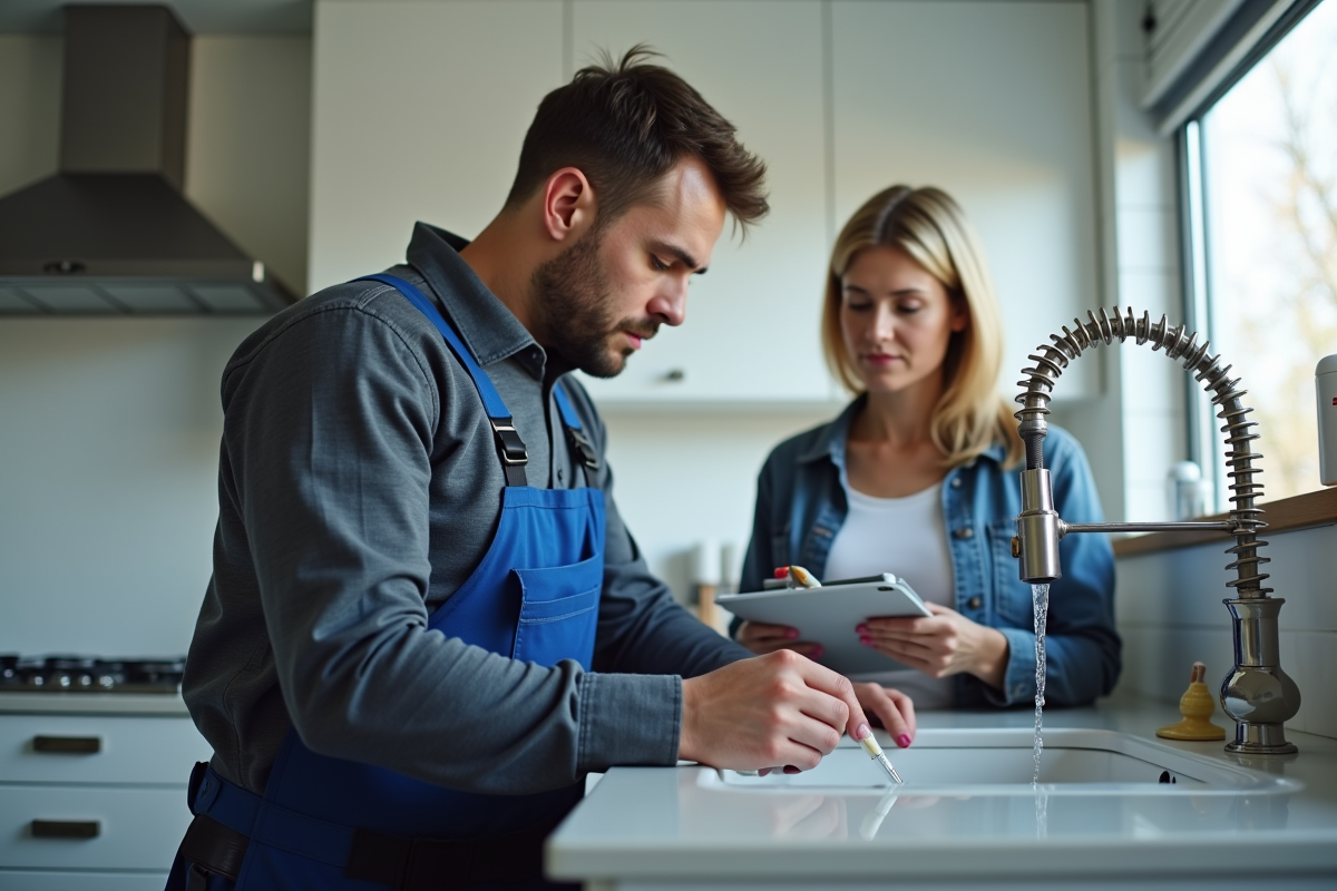 Plombier inspectant un tuyau qui fuit sous l