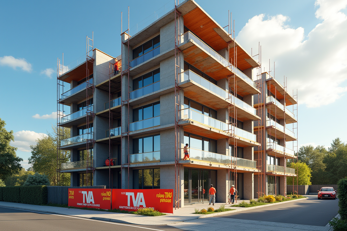 Immeuble en rénovation avec ouvriers et panneau TVA réduit