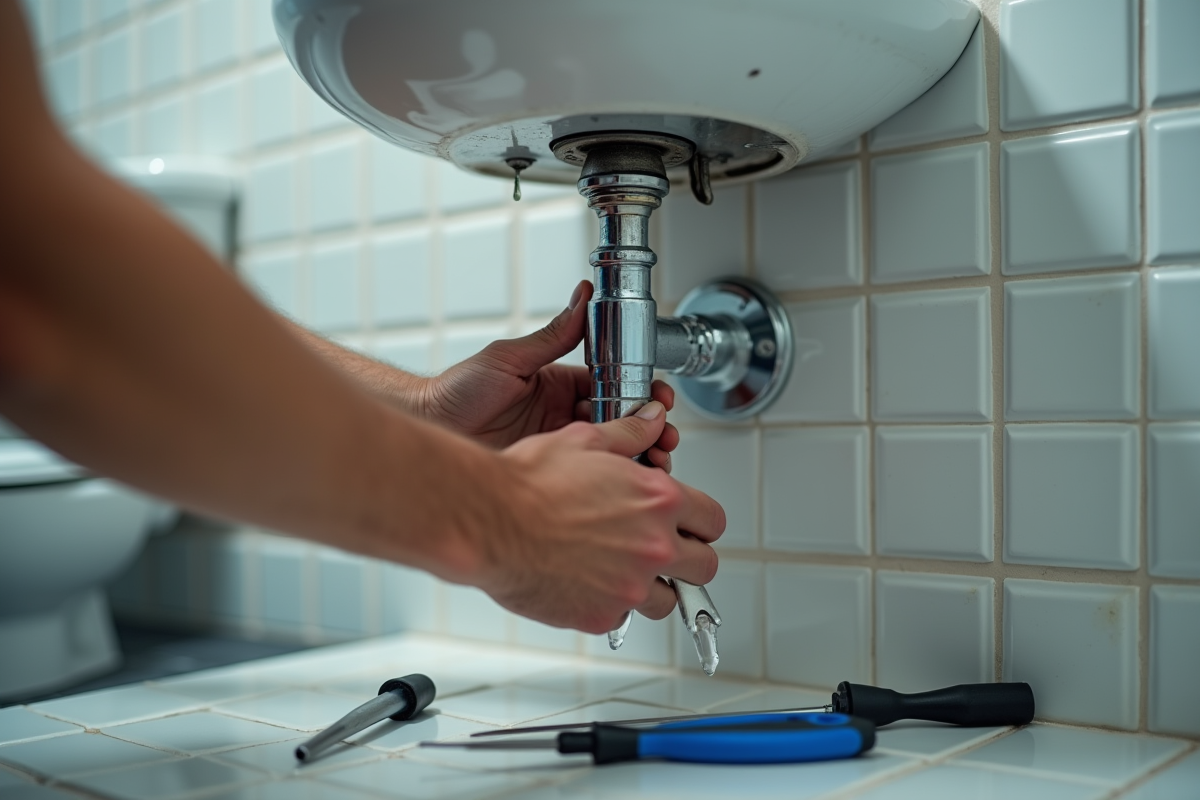 Main réparant une fuite sous un lavabo avec outils dans la salle de bain