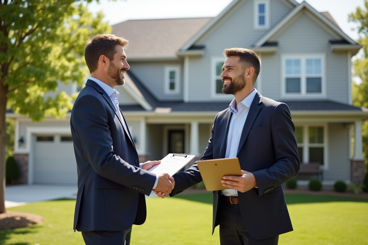 Professionnel et propriétaire se serrant la main devant maison