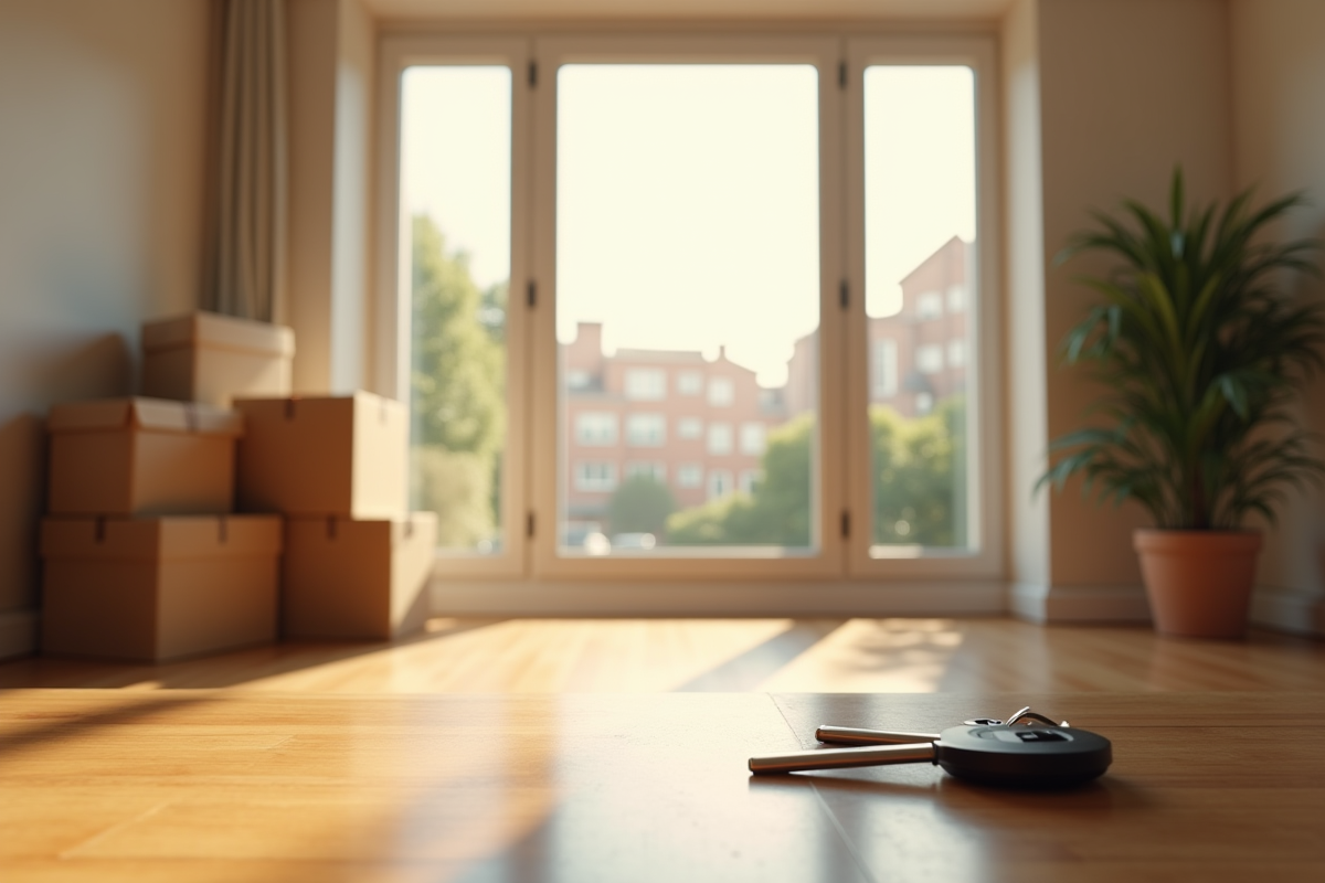 Salon vide avec lumière naturelle et cartons près de la porte d