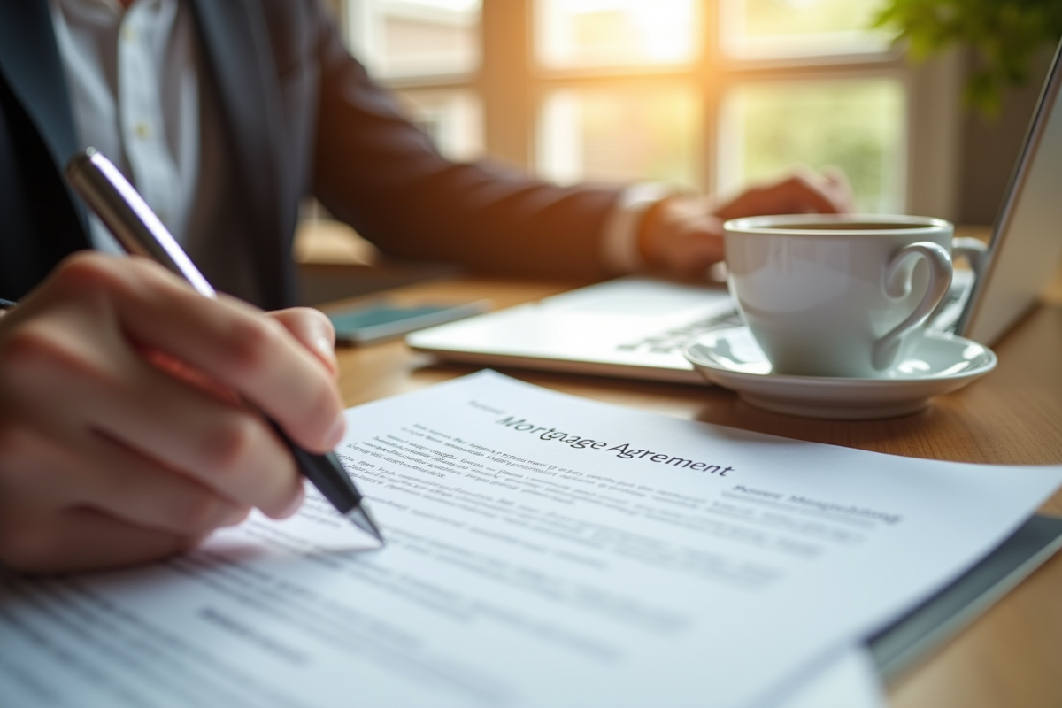 Mains signant un contrat de prêt immobilier avec une tasse de café en fond