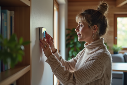 Femme ajustant un thermostat numérique dans un salon cosy