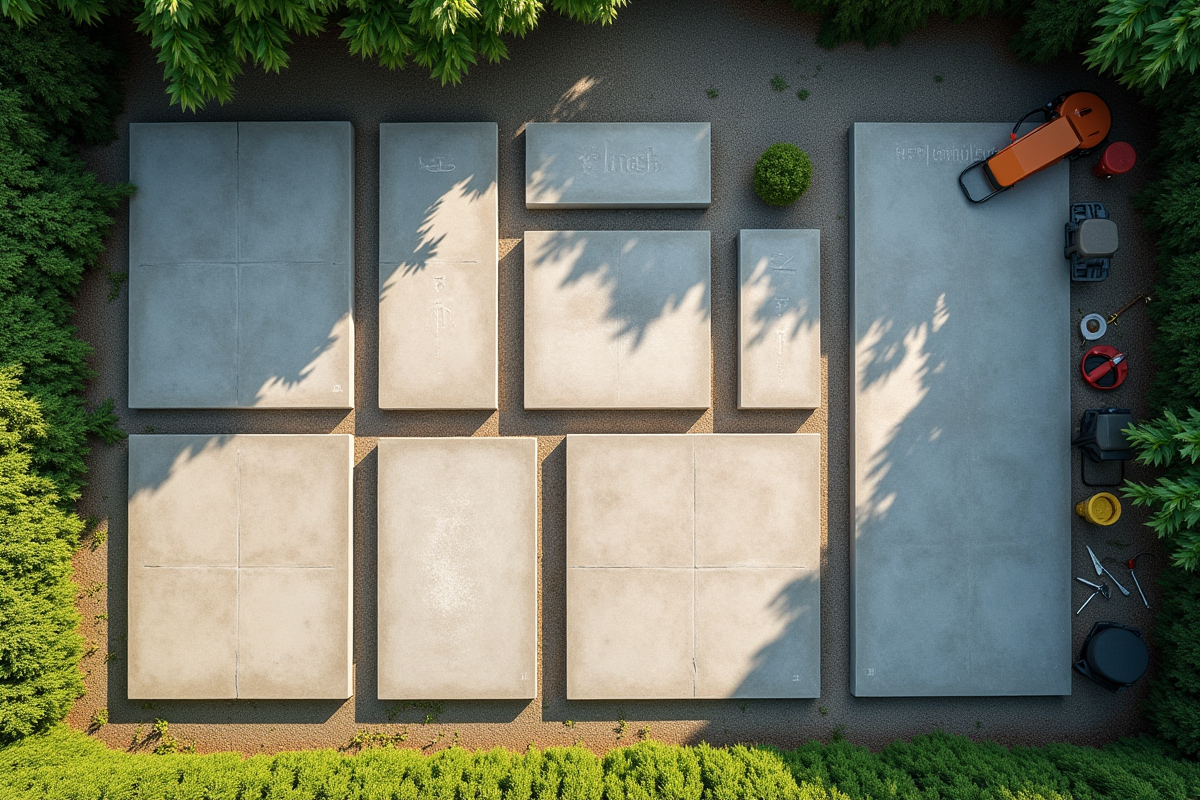 Vue aérienne de dalles en béton dans un quartier résidentiel